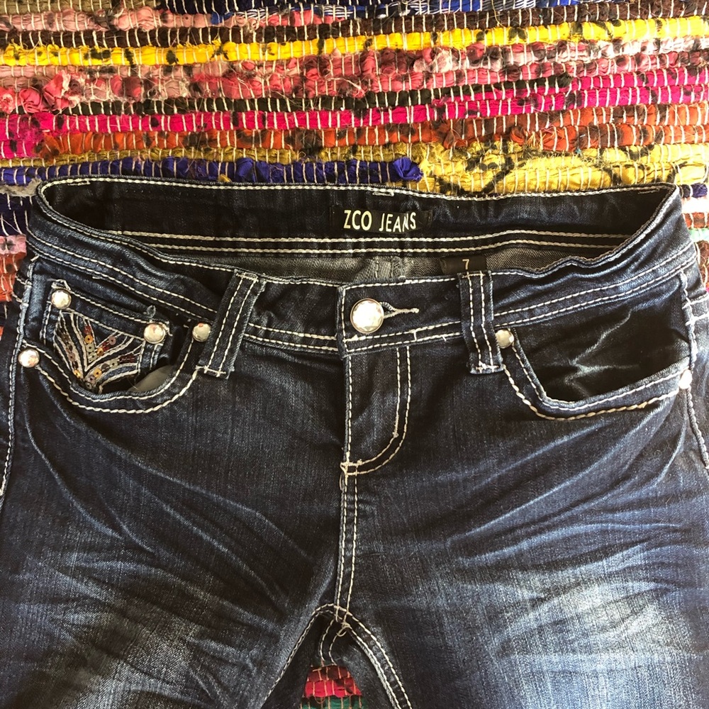 Straight Leg Rhinestone Blue Jeans - Picture 4 of 7
